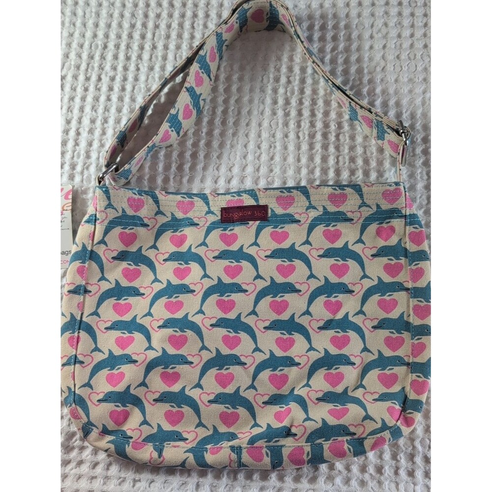 bungalow 360 Blue Dolphin & Pink Heart Canvas Shoulder Bag